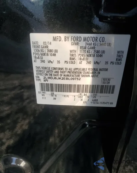 2014 Lincoln Mkx z USA, uszkodzony, nr VIN 2LMDJ6JK2EBL09752